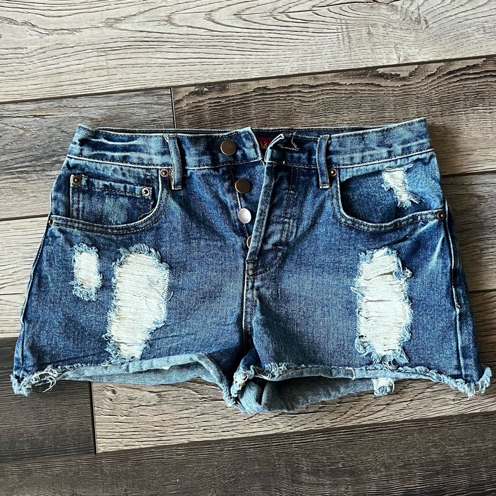 Distressed Denim Button Up Cutoff Shorts - Picture 2 of 4